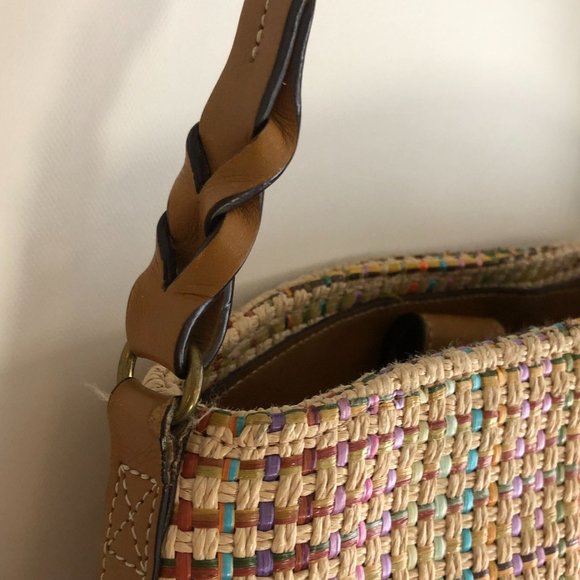 FOSSIL Basket Weave Straw Jute Leather Satchel Purse - Picture 4 of 7